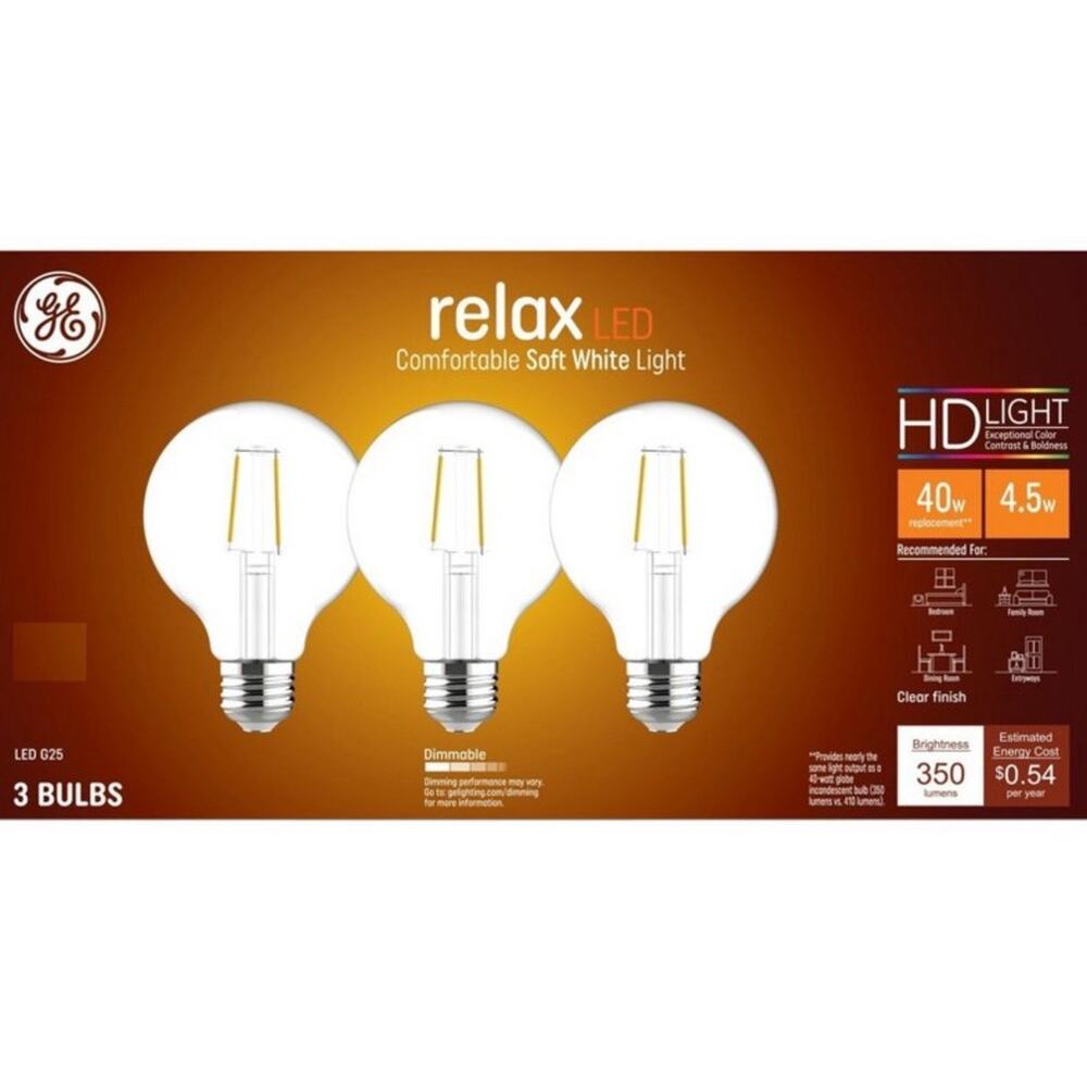 GE Relax LED Globe Bulbs 40W Soft White G25 Dimmable Clear HD Light Pack 8